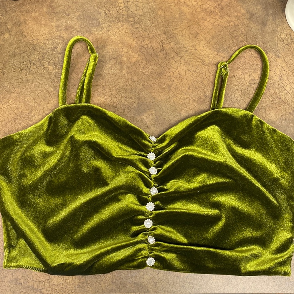 Velvet Green Top with Pearl Buttons